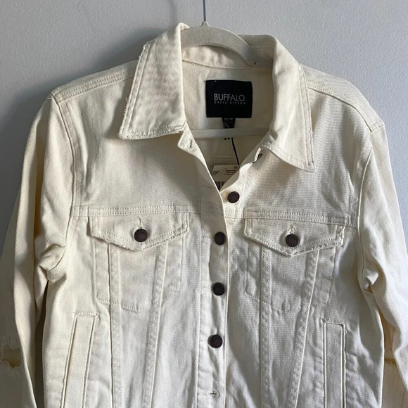 NWT BUFFALO David Bitton Cream Cotton Nicci Distressed Ripped Denim Jacket XS - Picture 6 of 14